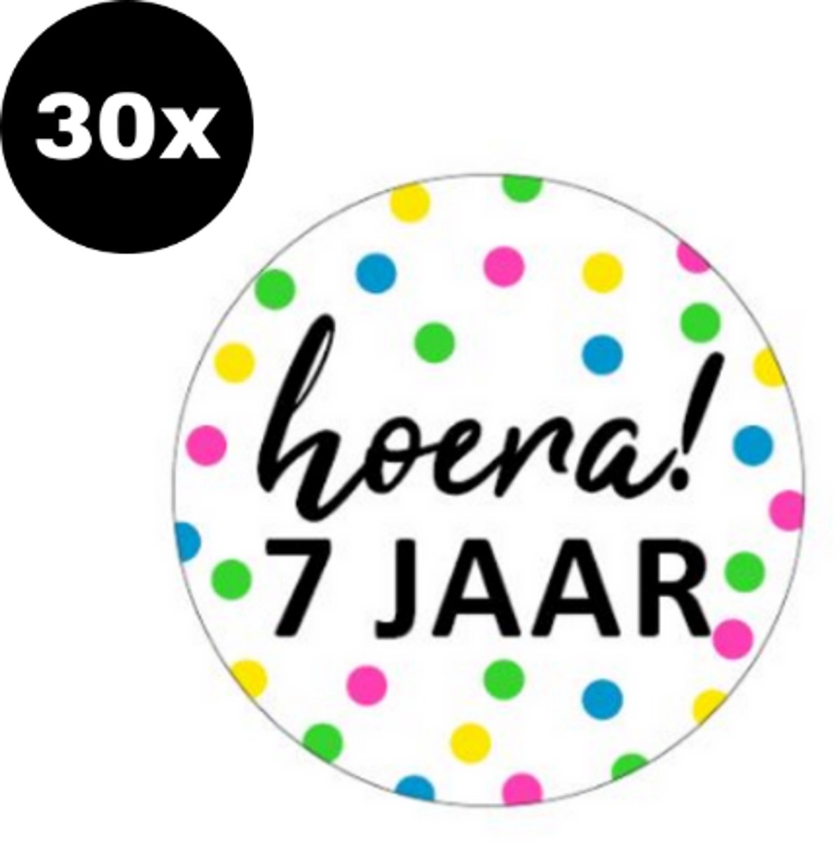 30x ZOETTT Sluitsticker Hoera 7 jaar! | NEON | 40 mm | Traktatiesticker Hoera | Cadeausticker | Sluitzegel | Sluitsticker | Traktatie - Verjaardag - Feest | Kinder traktatie